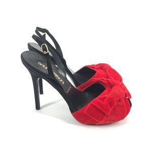 Bruno Frisoni Velvet Bow Toe Stiletto Slingback High Heels 37 Black Red